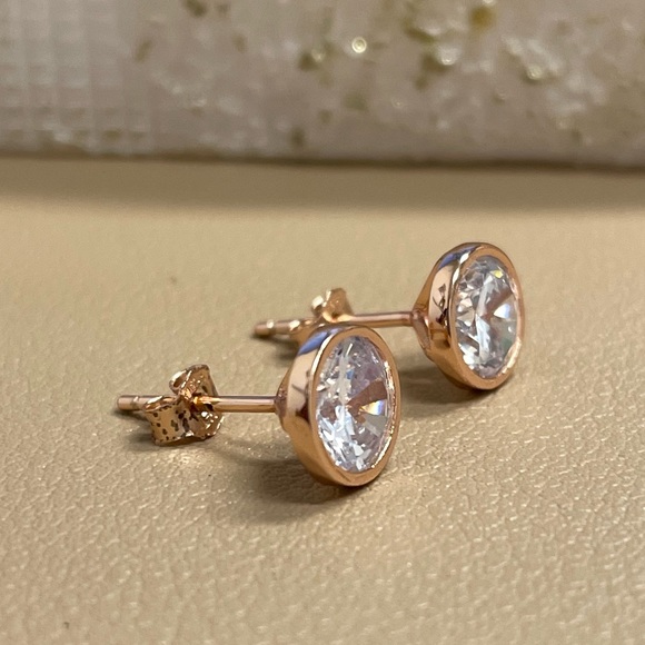 Diamond Stud Earrings, Sterling Silver with 14k Rose Gold, Bezel Stud Earrings - Picture 6 of 11